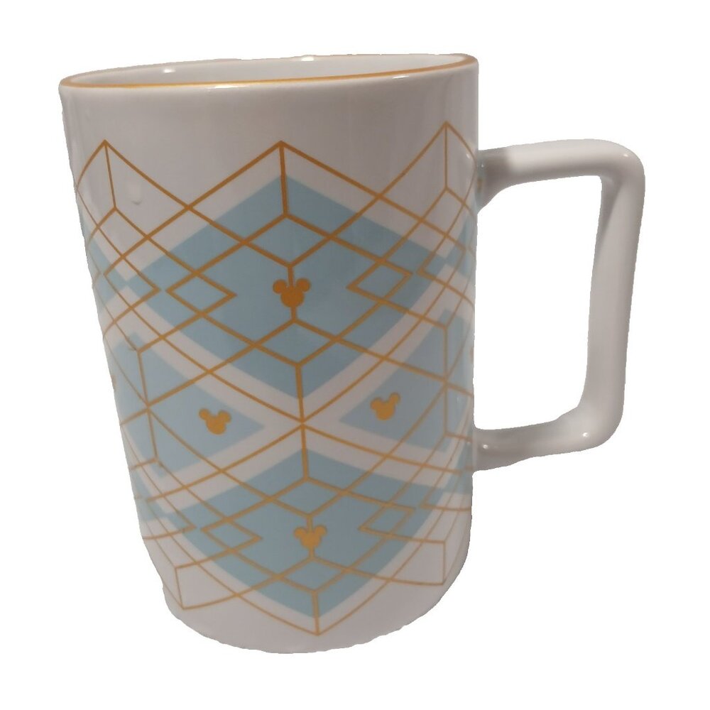 Disney Hidden Mickey Gold Geometric Blue White Coffee Mug Tea Cup Preowned